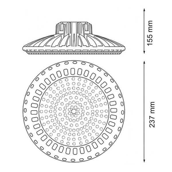 Medidas Campana UFO LED Sky 100W regulable 0-10V – Potencia seleccionable 60W/80W/100W IP65