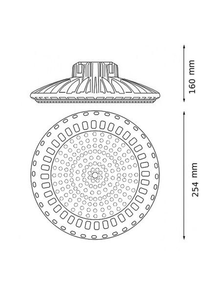 Dimensions de la Cloche LED Sky UFO 150W, dimmable 0-10V – Puissance sélectionnable 100W/125W/150W IP65