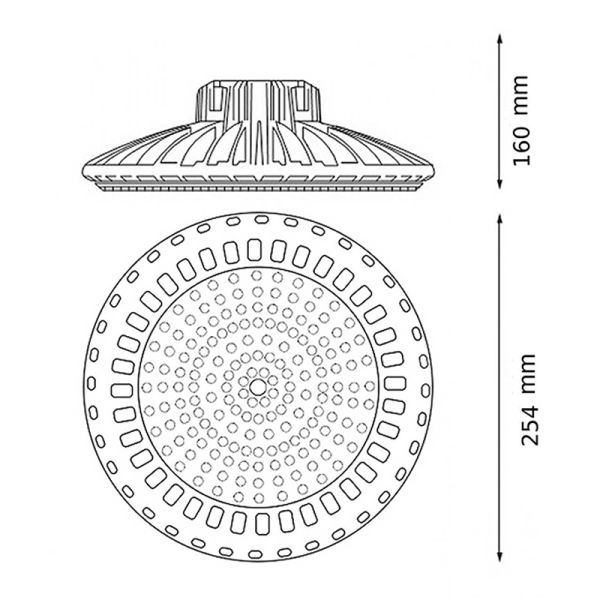 Dimensions de la Cloche LED Sky UFO 150W, dimmable 0-10V – Puissance sélectionnable 100W/125W/150W IP65