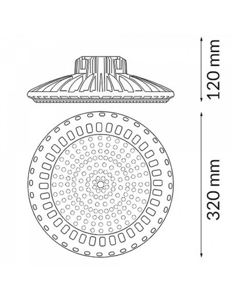 Medidas do sino UFO LED Sky de 200 W, regulável 0-10 V – Potência selecionável 100 W/150 W/200 W IP65