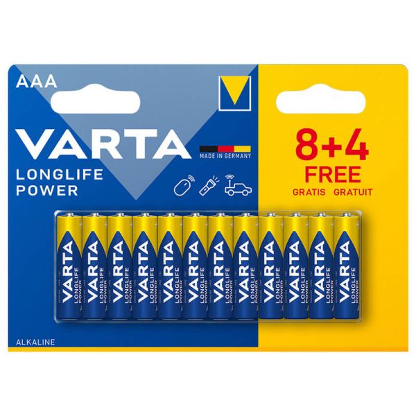 Pack Pilas Alcalinas 8+4 AAA LongLife Power de Varta 12 Unidades Varta
