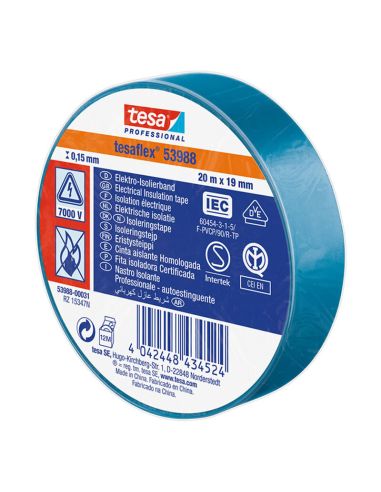 Fita isolante azul aprovada Tesa Professional 53988 19 mm x 20 m | Alta resistência
