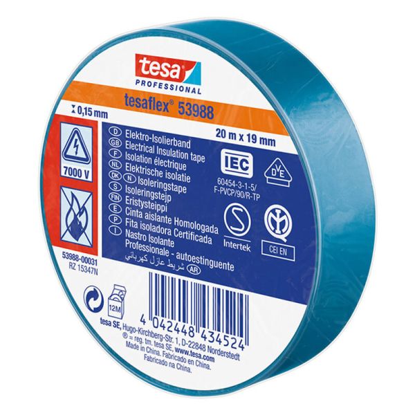 Ruban isolant bleu certifié Tesa Professional 53988, 19 mm x 20 m | Haute résistance