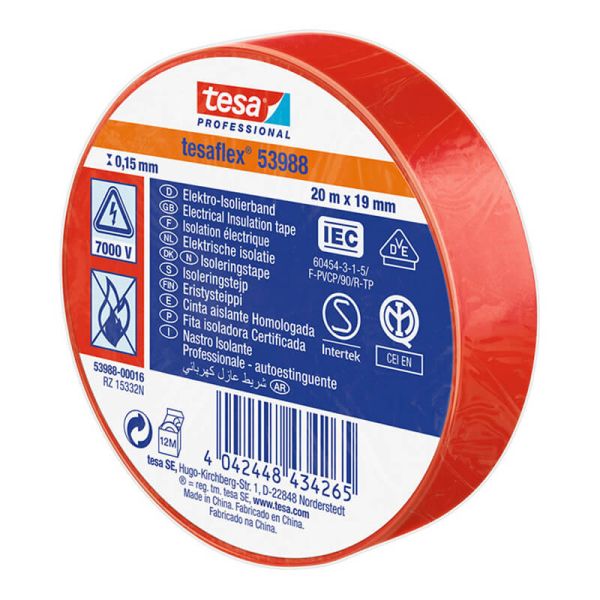 Cinta Aislante Homologada Roja 19mm x 20m Tesa Professional 53988 | Alta Resistencia Eléctrica