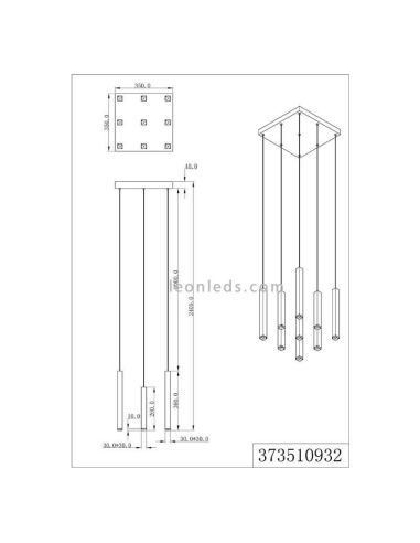 Dimensiones Lámpara de Techo LED Cuadrada CIVETO 9 Luces 3,5W Dim To Warm Negra 35cm
