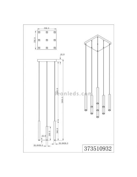 Dimensiones Lámpara de Techo LED Cuadrada CIVETO 9 Luces 3,5W Dim To Warm Negra 35cm