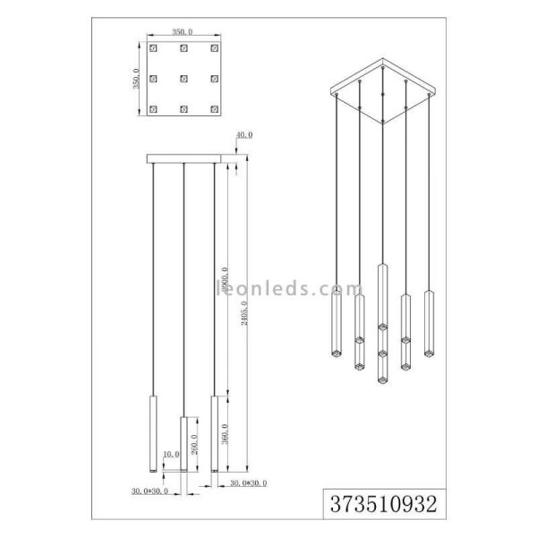Dimensiones Lámpara de Techo LED Cuadrada CIVETO 9 Luces 3,5W Dim To Warm Negra 35cm