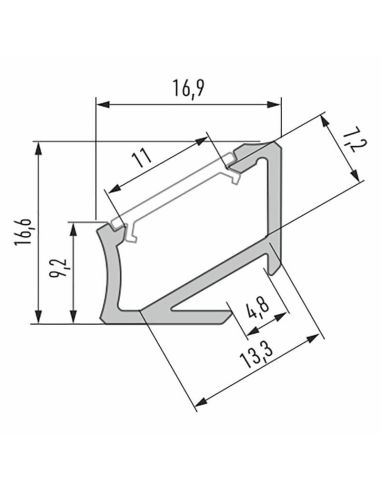 Medidas do perfil angular assimétrico 30º/60º para fitas de LED em acabamento lacado branco -Tipo H- 2,02 metros