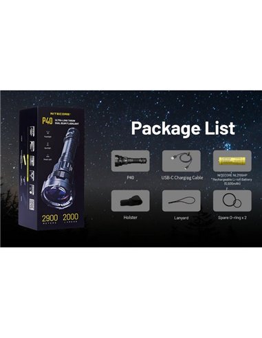 Linterna de mano P40 doble haz 2000 lúmenes, alcance ultra largo 2900m IP68 sumergible 2 metros