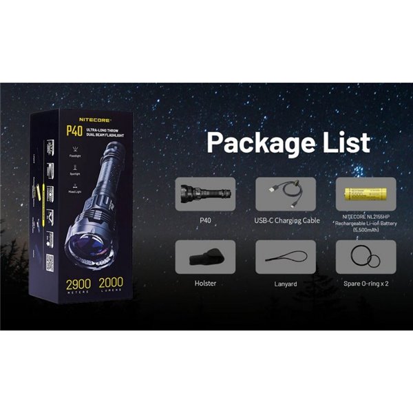 Linterna de mano P40 doble haz 2000 lúmenes, alcance ultra largo 2900m IP68 sumergible 2 metros