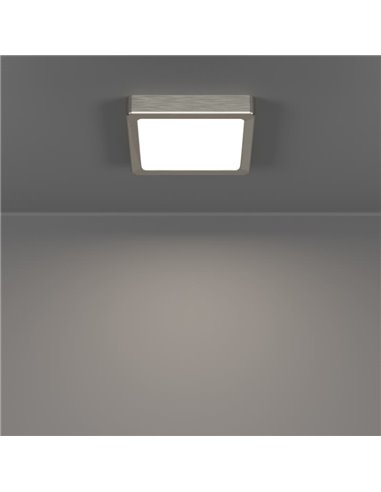 Plafón LED de techo cuadrado de superficie FUEVA 6 níquel 150×150mm, 6,3W 720Lm, CCT (2700K-4000K-6500K), IP20