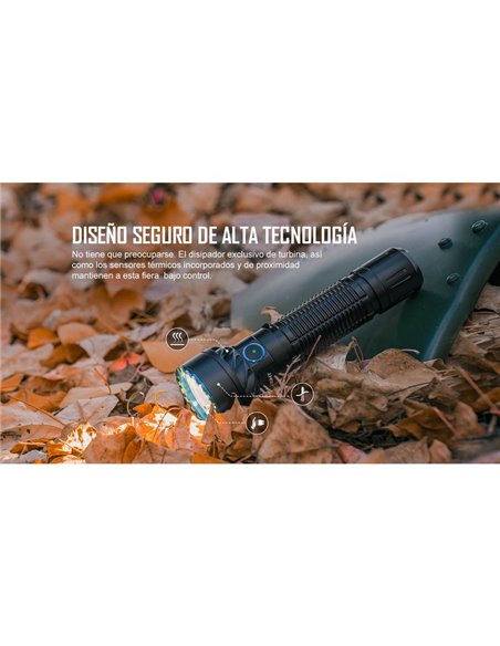 Linterna táctica multicolor FREYR 1.750Lm, 360m alcance, RGB, IPX8 y recargable