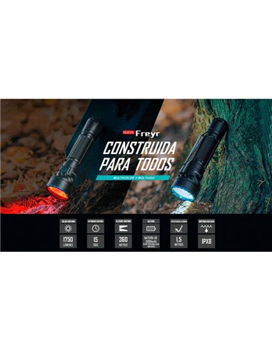 Lanterna tática multicolorida FREYR de 1.750 lm, alcance de 360 m, RGB, IPX8 e recarregável