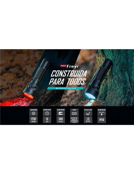 Lanterna tática multicolorida FREYR de 1.750 lm, alcance de 360 m, RGB, IPX8 e recarregável