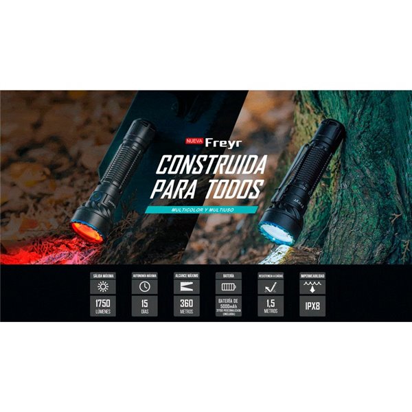 Lanterna tática multicolorida FREYR de 1.750 lm, alcance de 360 m, RGB, IPX8 e recarregável