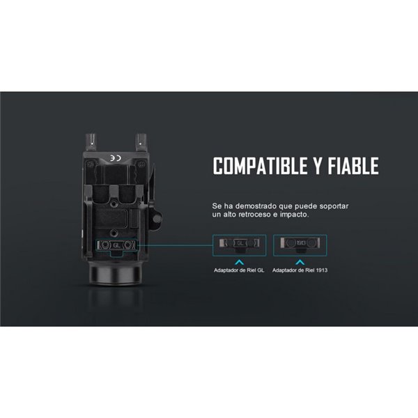 Linterna para arma BALDR S 800Lm con puntero láser verde, 130m alcance, IPX4 y recargable