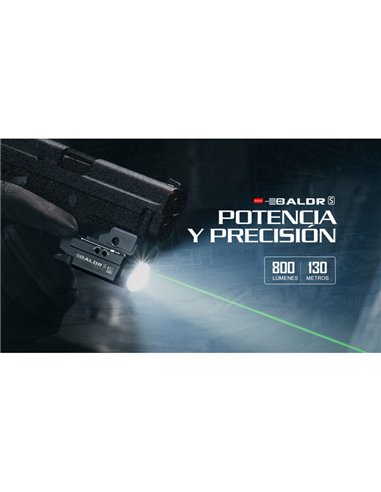 Linterna para arma BALDR S 800Lm con puntero láser verde, 130m alcance, IPX4 y recargable