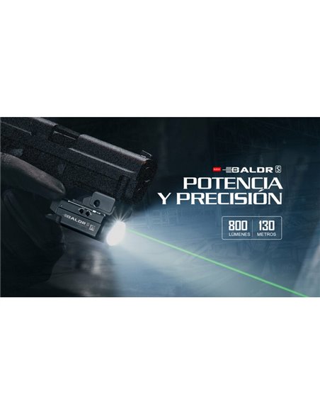 Linterna para arma BALDR S 800Lm con puntero láser verde, 130m alcance, IPX4 y recargable