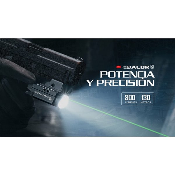 Linterna para arma BALDR S 800Lm con puntero láser verde, 130m alcance, IPX4 y recargable