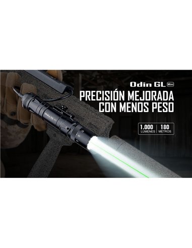 Linterna para arma ODIN GL Mini 1000Lm, 180m alcance, láser verde, IPX4 y Montura Picatinny