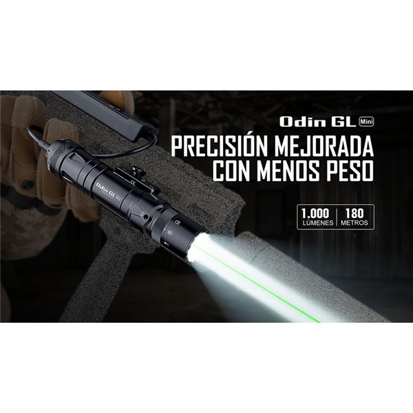 Linterna para arma ODIN GL Mini 1000Lm, 180m alcance, láser verde, IPX4 y Montura Picatinny