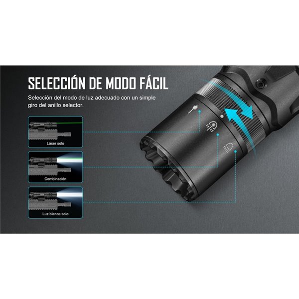 Linterna para arma ODIN GL Mini 1000Lm, 180m alcance, láser verde, IPX4 y Montura Picatinny