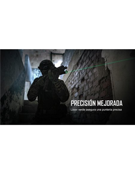 Linterna para arma ODIN GL Mini 1000Lm, 180m alcance, láser verde, IPX4 y Montura Picatinny