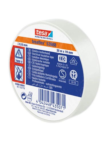 Cinta Aislante Homologada blanca 19mm x 20m Tesa Professional 53988 | Alta Resistencia Eléctrica