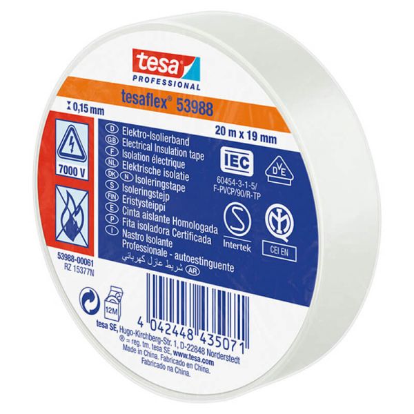 Cinta Aislante Homologada blanca 19mm x 20m Tesa Professional 53988 | Alta Resistencia Eléctrica