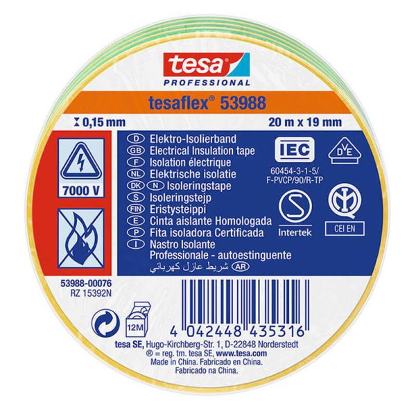 Ruban isolant bicolore jaune/vert certifié Tesa Professional 53988, 19 mm x 20 m | Haute résistance électrique