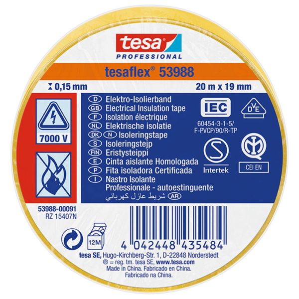 Cinta Aislante Homologada Verde Tesa 53988 19mm x 20m Tesa Professional 53988 | Alta Resistencia Eléctrica