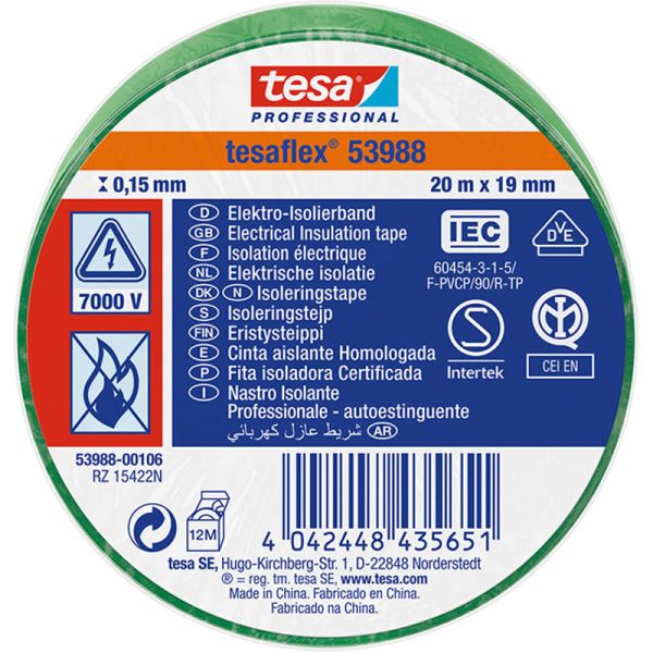 Cinta Aislante Homologada Verde Tesa 53988 19mm x 20m Tesa Professional 53988 | Alta Resistencia Eléctrica