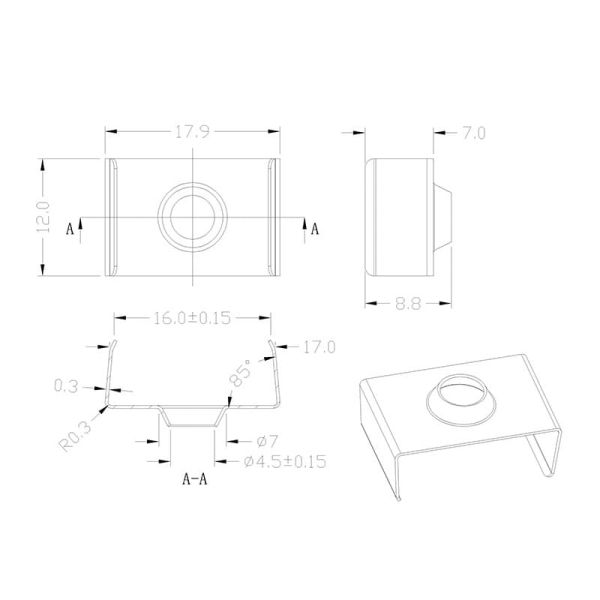 Clip de fixation en acier inoxydable pour profilé 2000 x 17,1 x 8,5 mm - BANDES LED - dimensions