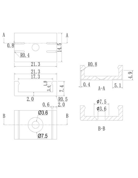 Clipe de fixação transparente para PC 2000*17,1*15,3 mm - FITAS DE LED - medidas