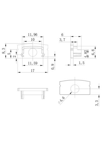 Tapa gris con agujero para final de perfil de aluminio 2000*17.1*8.5mm -TIRAS LED STRIPS-medidas
