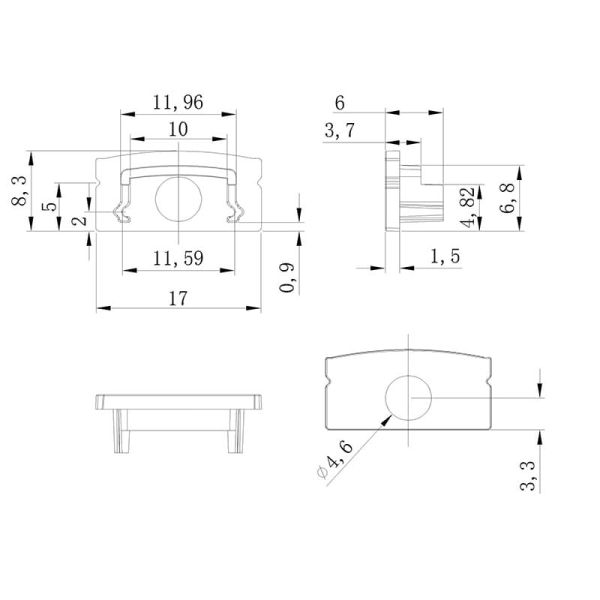 Tapa gris con agujero para final de perfil de aluminio 2000*17.1*8.5mm -TIRAS LED STRIPS-medidas