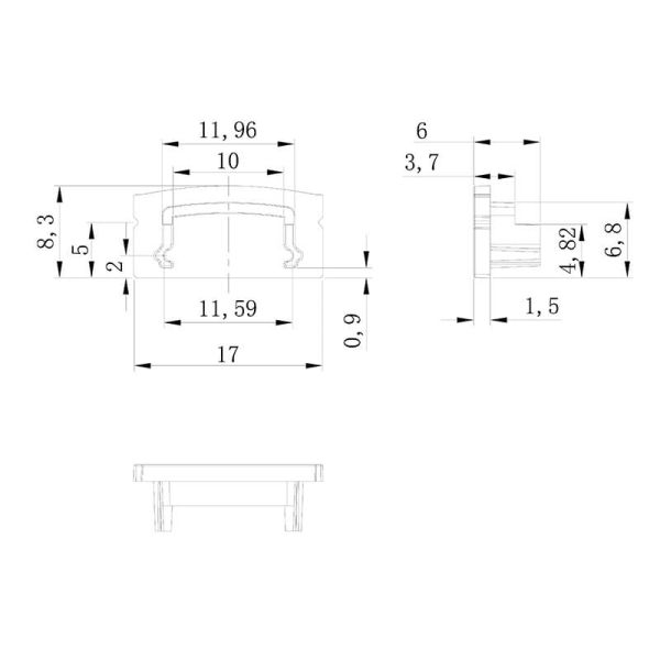 Cache profilé aluminium sans trou, gris, 2000 x 17,1 x 8,5 mm - BANDES LED - dimensions