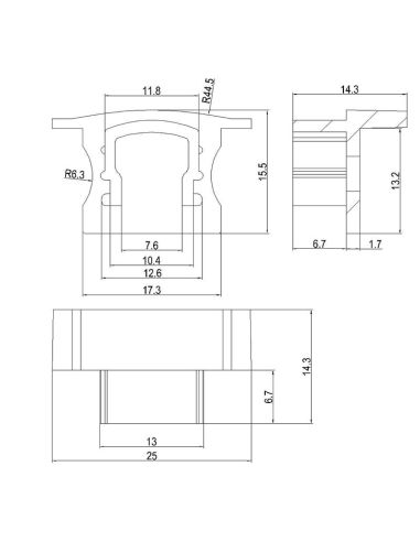 Tapa blanca para perfil empotrable de aluminio 2000*17.3*15,3mm -TIRAS LED STRIPS-medidas