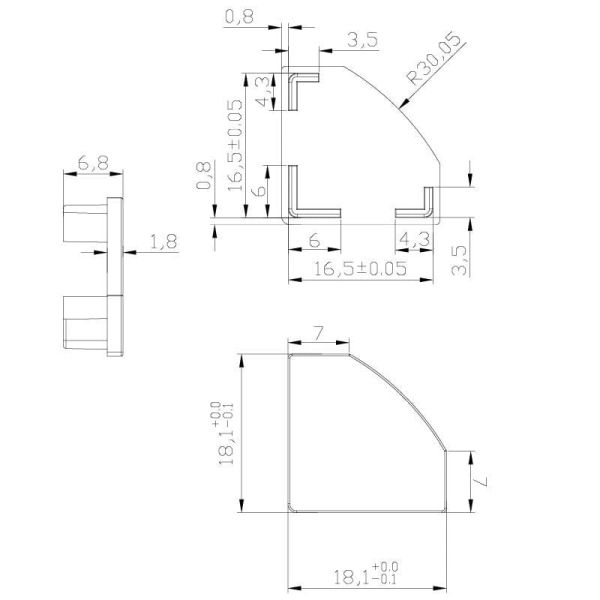 Tapa blanca sin agujero para perfil de esquina 2000*18*18mm -TIRAS LED STRIPS-medidas