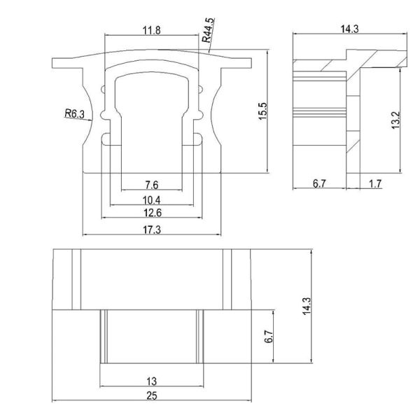 Tapa negra sin agujero para perfil empotrable de aluminio 2000*17.3*15,3mm -TIRAS LED STRIPS-medidas