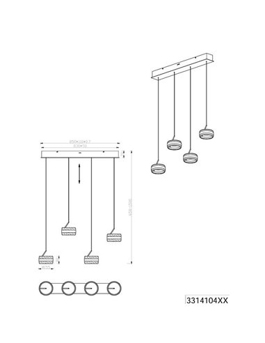 Luminária de teto LED de 4 luzes DIOS 80W 4x 800lm, 2300+3000+4000K, altura ajustável IP20