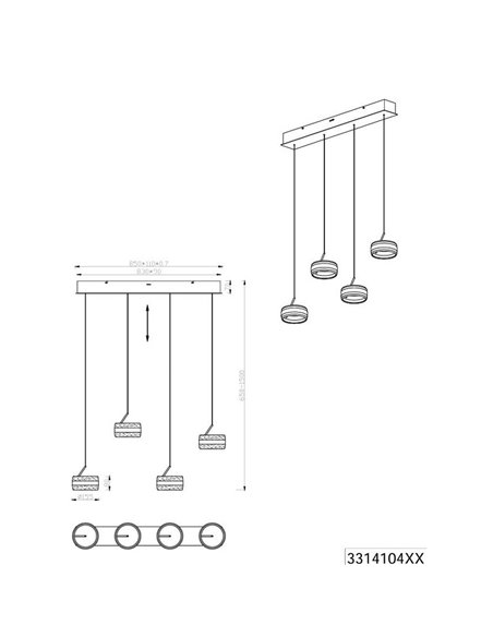 Plafonnier LED 4 lumières DIOS 80W 4x 800lm, 2300+3000+4000K, hauteur réglable IP20