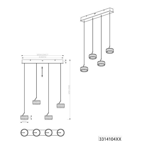 Plafonnier LED 4 lumières DIOS 80W 4x 800lm, 2300+3000+4000K, hauteur réglable IP20
