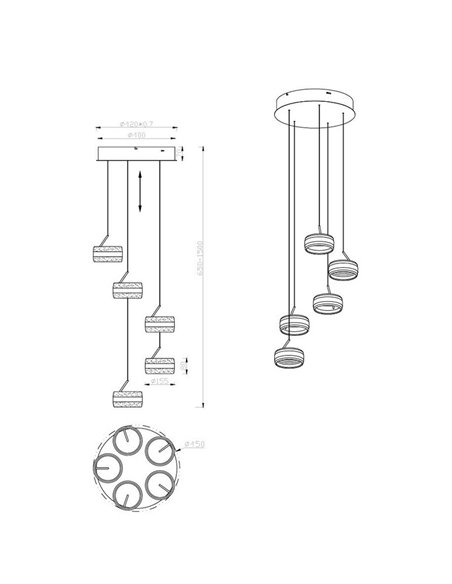 Lámpara de techo con plafón 5 luces LED DIOS 800lm, regulable 2300+3000+4000K IP20