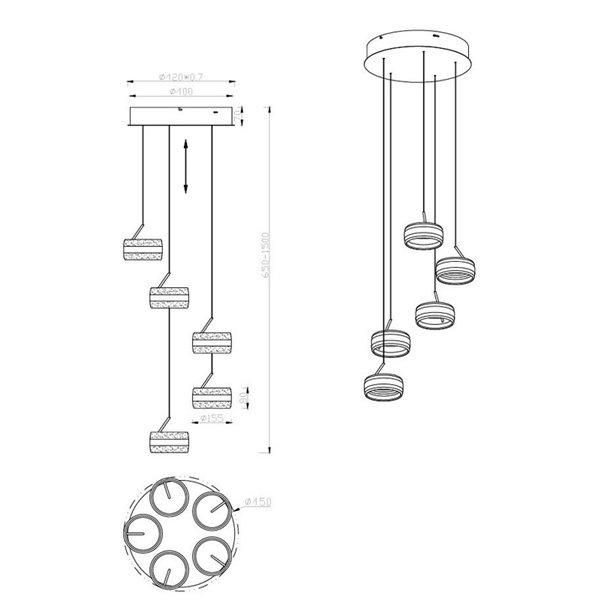 Lámpara de techo con plafón 5 luces LED DIOS 800lm, regulable 2300+3000+4000K IP20