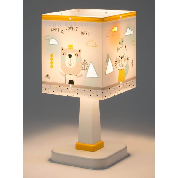 Lámpara de Sobremesa Blanca y amarilla de diseño infantil cuadrada barata Serie Hello Little de dalber | LeonLeds Iluminación