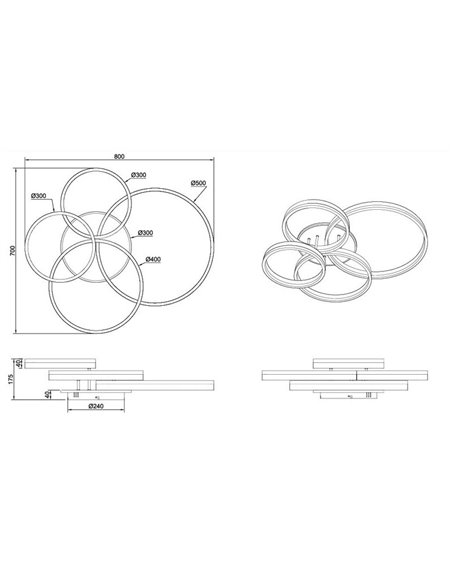 Plafón de techo DRAKE dorado varios círculos 50W 5850lm, regulable 2700 - 6500K 80x70cm IP20