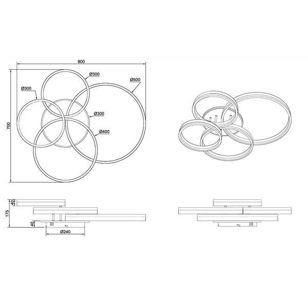 Plafón de techo DRAKE dorado varios círculos 50W 5850lm, regulable 2700 - 6500K 80x70cm IP20