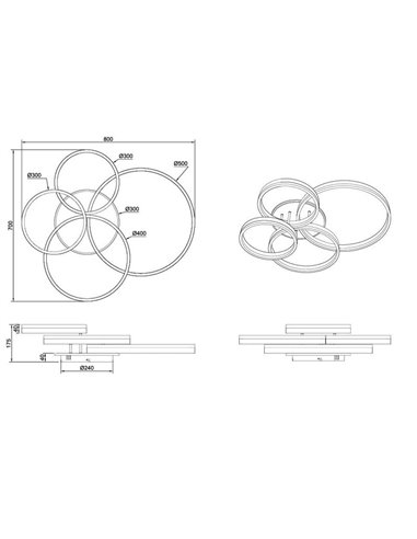 Plafón de techo DRAKE níquel varios círculos 50W 5850lm, regulable 2700 - 6500K 80x70cm IP20
