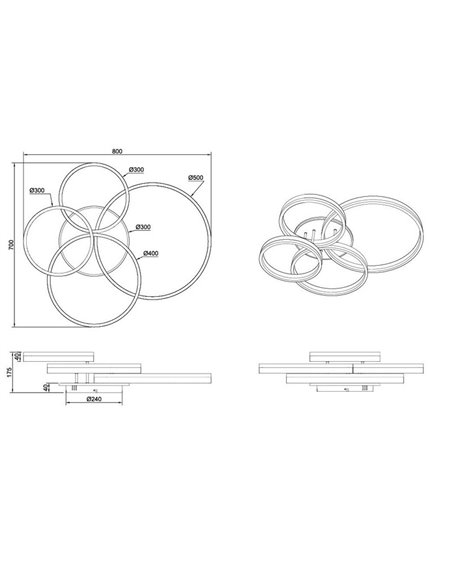 Plafonnier DRAKE nickel avec différents cercles 50W 5850lm, dimmable 2700 - 6500K 80x70cm IP20